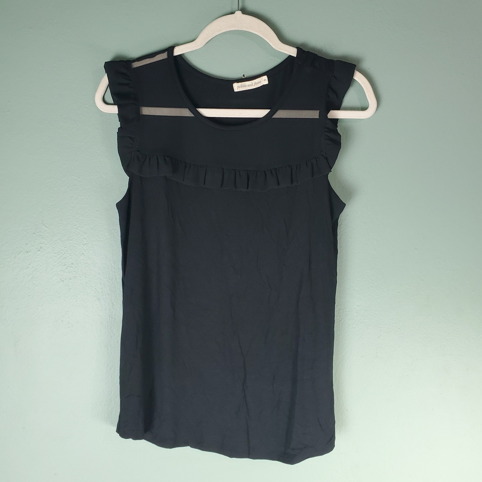 Pebble And Stone Womens Black Ruffle Mesh Short Sleeve Top Size Medium Stretch